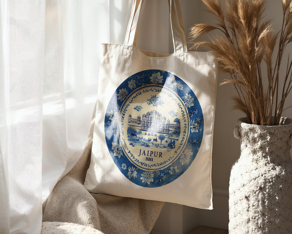 Jaipur India Tote Bag, Delft Style Personalized Destination, City Wedding Gift Souvenir Cotton