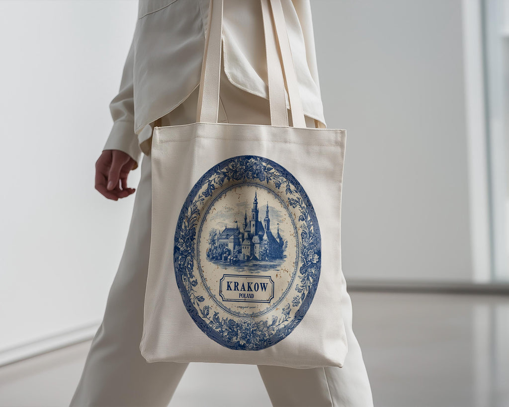Krakow Poland Tote Bag, Delft Style Personalized Destination, City Wedding Gift Souvenir Cotton