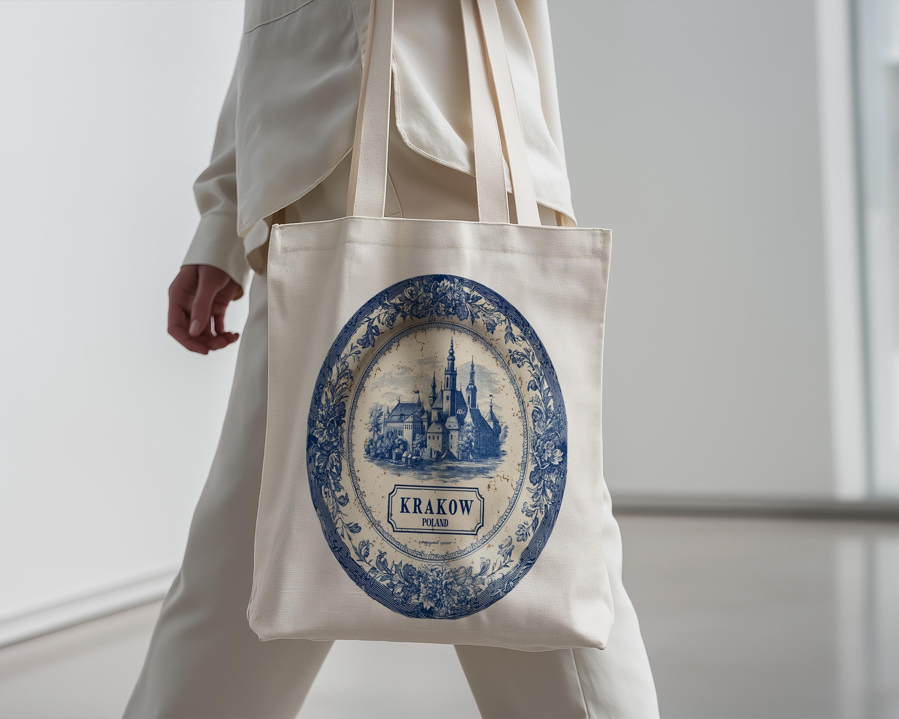 Krakow Poland Tote Bag, Delft Style Personalized Destination, City Wedding Gift Souvenir Cotton