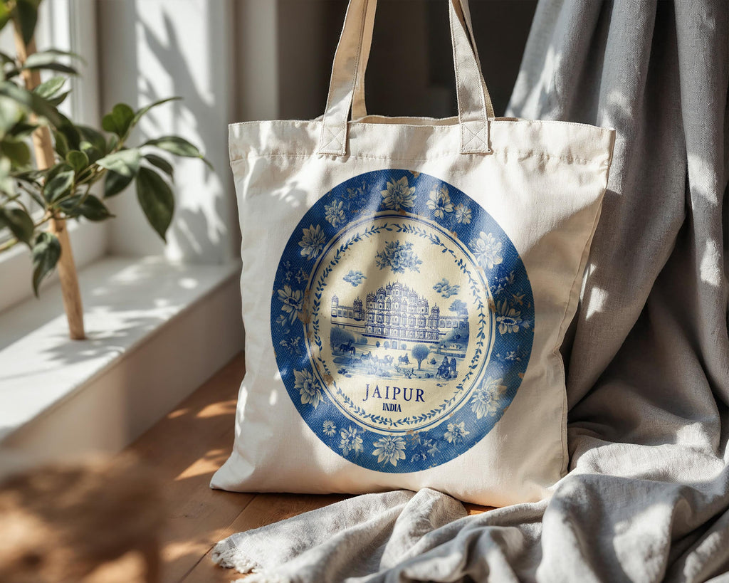 Jaipur India Tote Bag, Delft Style Personalized Destination, City Wedding Gift Souvenir Cotton