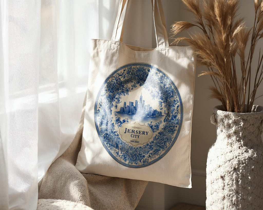 Jersey City New Jersey Tote Bag, Delft Style Personalized Destination, City Wedding Gift Souvenir Cotton