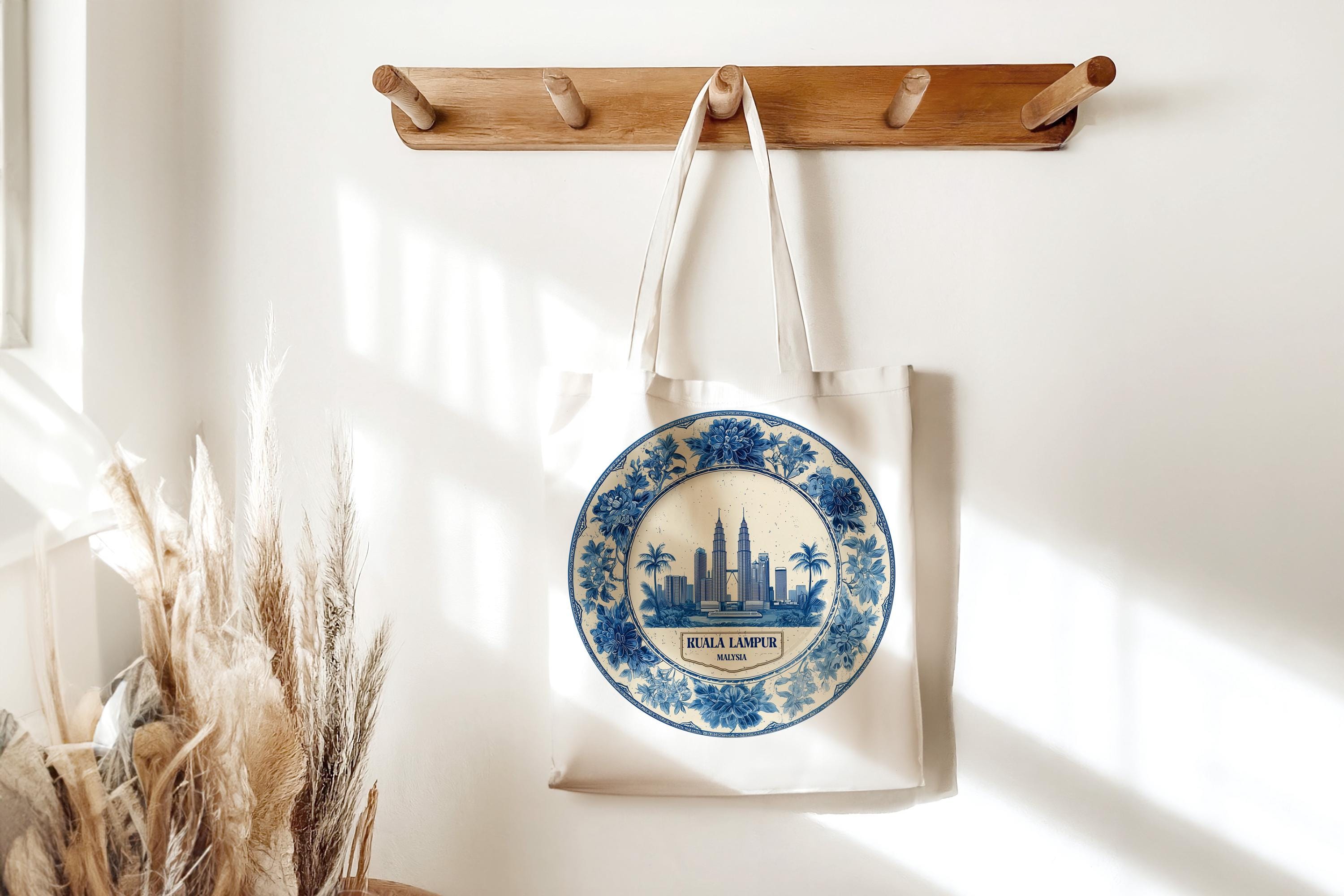 Kuala Lumpur Malaysia Tote Bag, Delft Style Personalized Destination, City Wedding Gift Souvenir Cotton