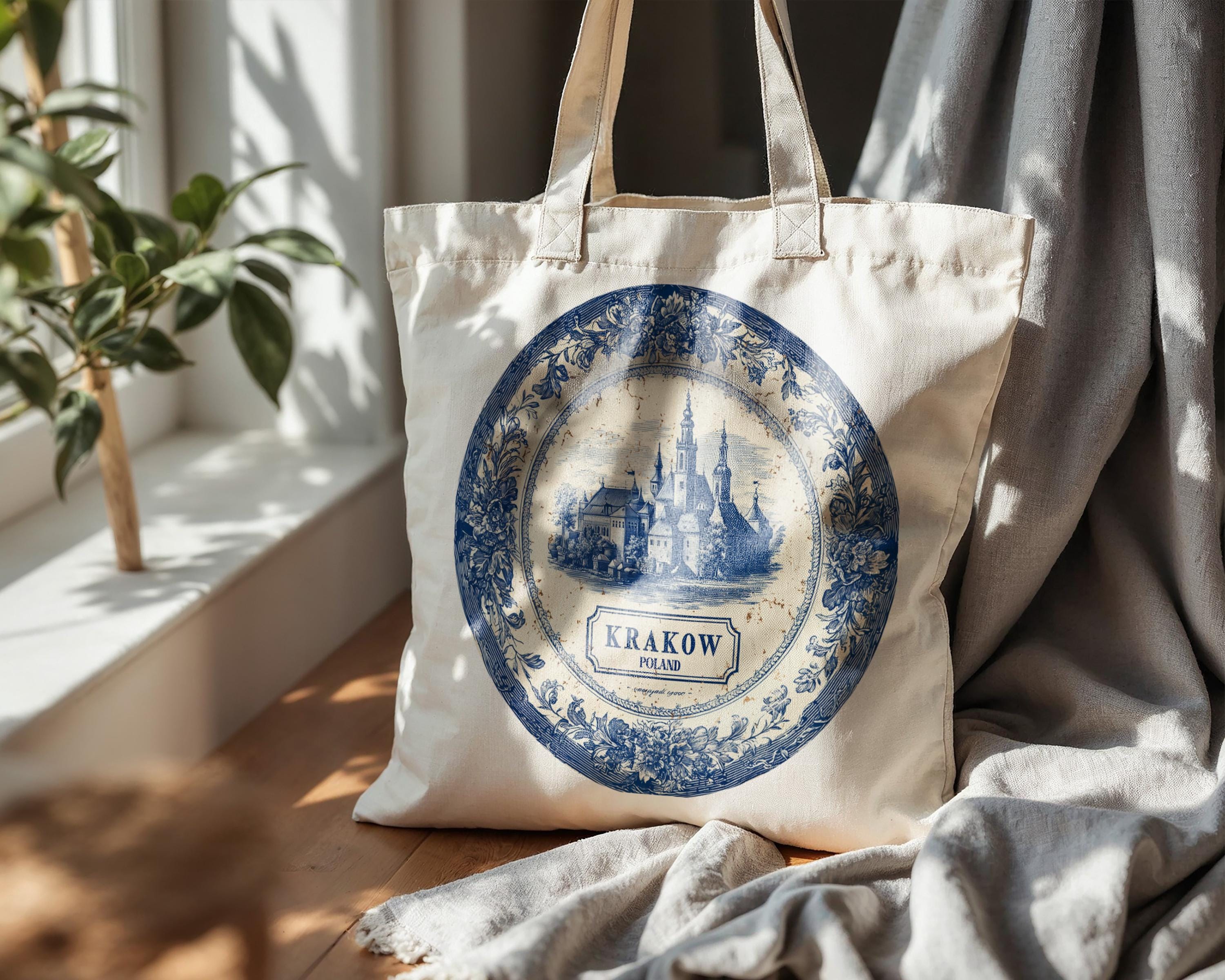 Krakow Poland Tote Bag, Delft Style Personalized Destination, City Wedding Gift Souvenir Cotton