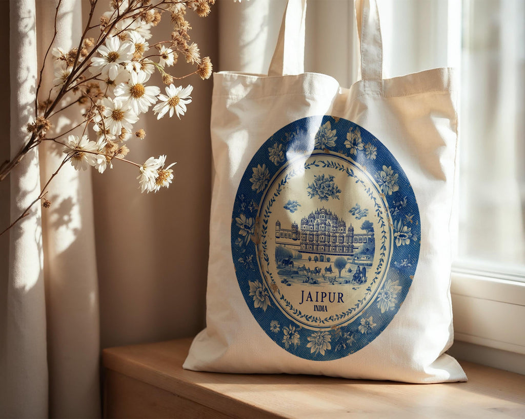 Jaipur India Tote Bag, Delft Style Personalized Destination, City Wedding Gift Souvenir Cotton