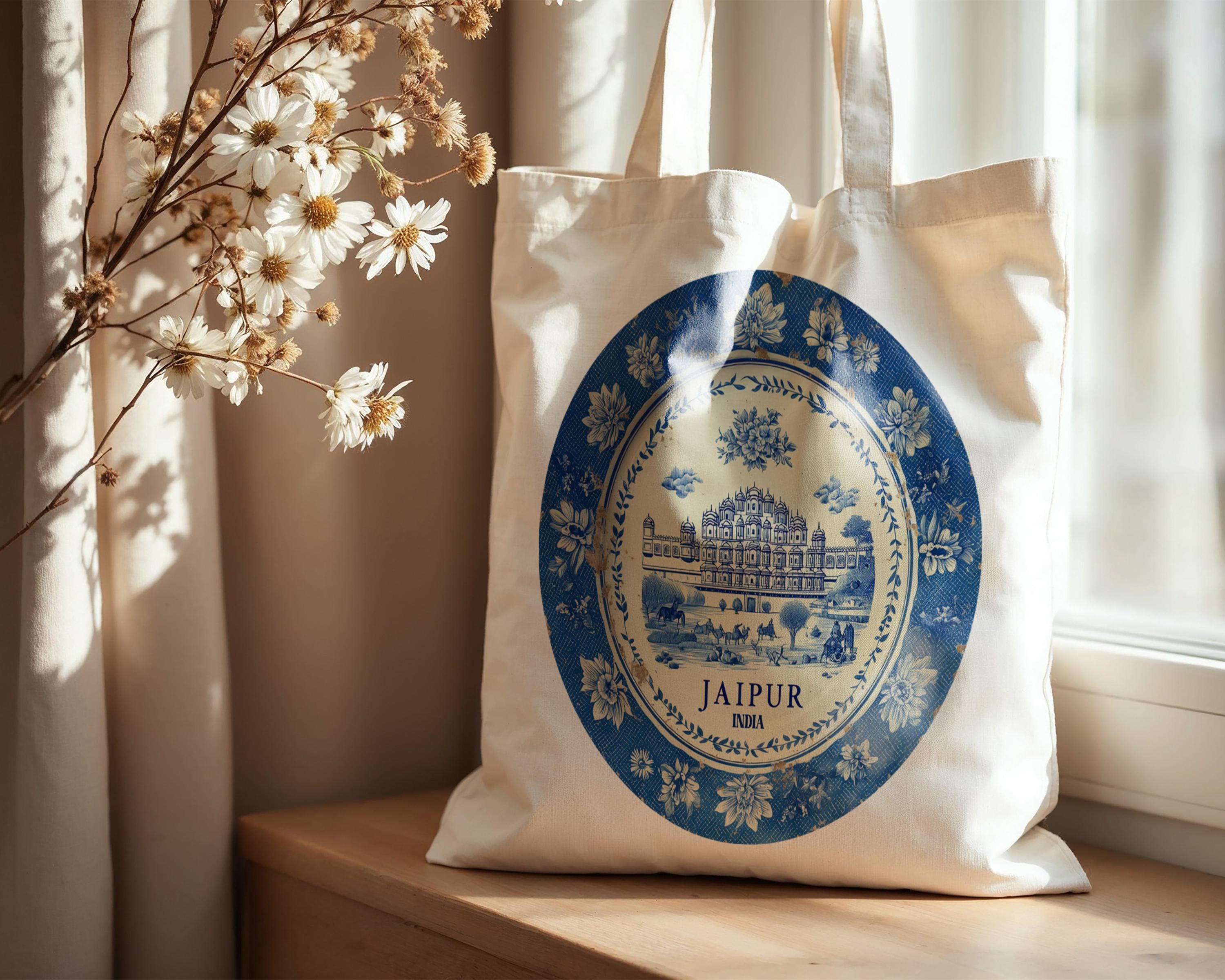 Jaipur India Tote Bag, Delft Style Personalized Destination, City Wedding Gift Souvenir Cotton