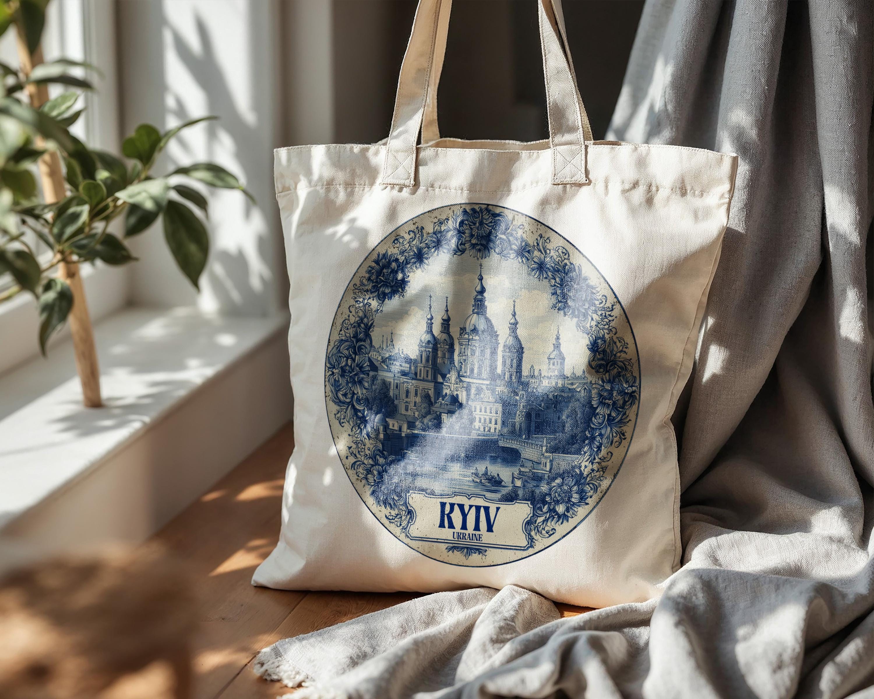 Kyiv Ukraine Tote Bag, Delft Style Personalized Destination, City Wedding Gift Souvenir Cotton