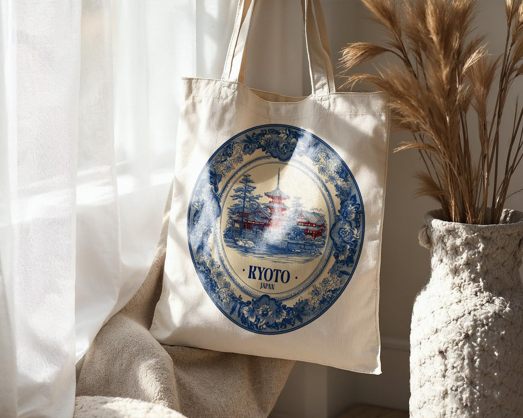 Kyoto Japan Tote Bag, Delft Style Personalized Destination, City Wedding Gift Souvenir Cotton