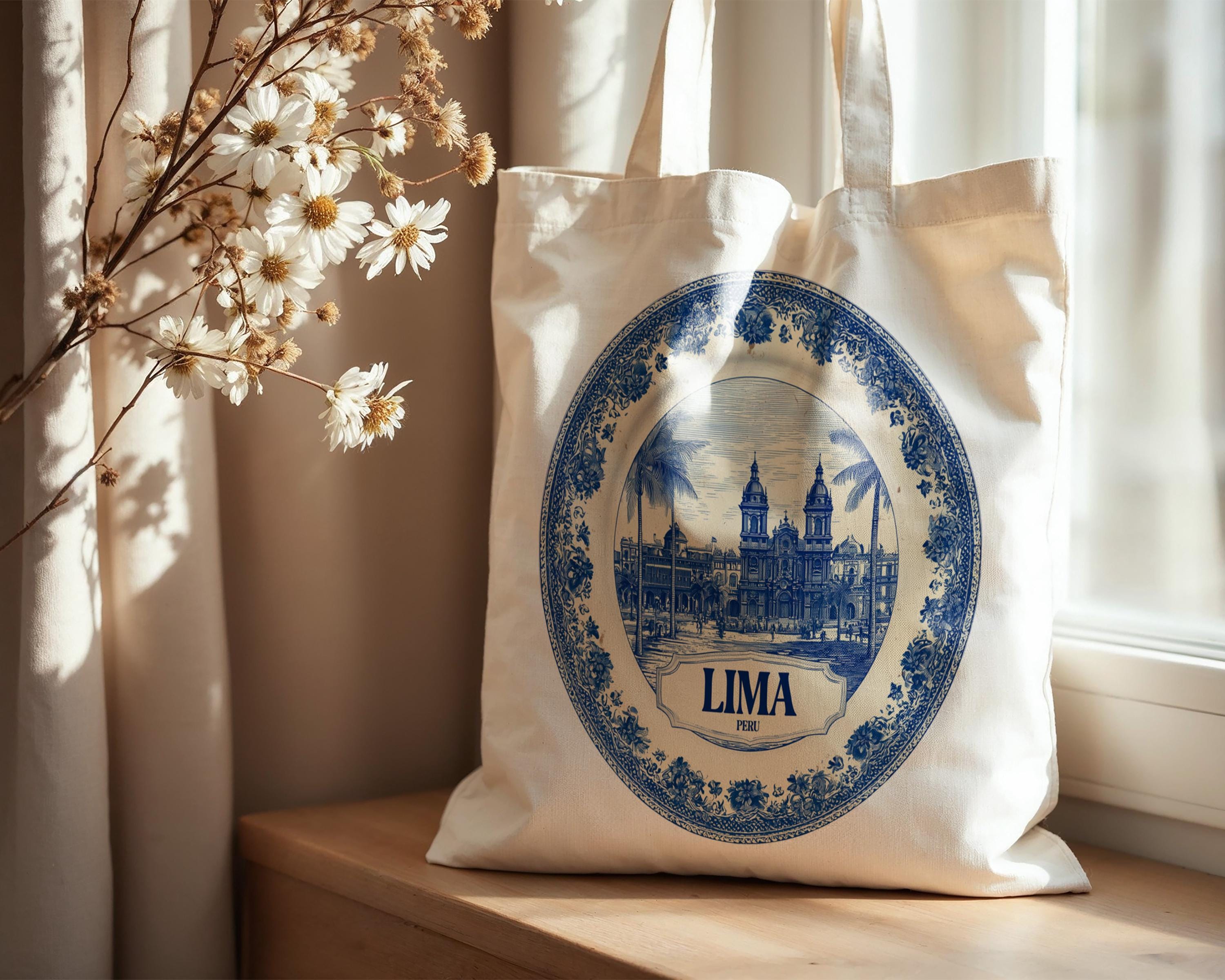 Lima Peru Tote Bag, Delft Style Personalized Destination, City Wedding Gift Souvenir Cotton