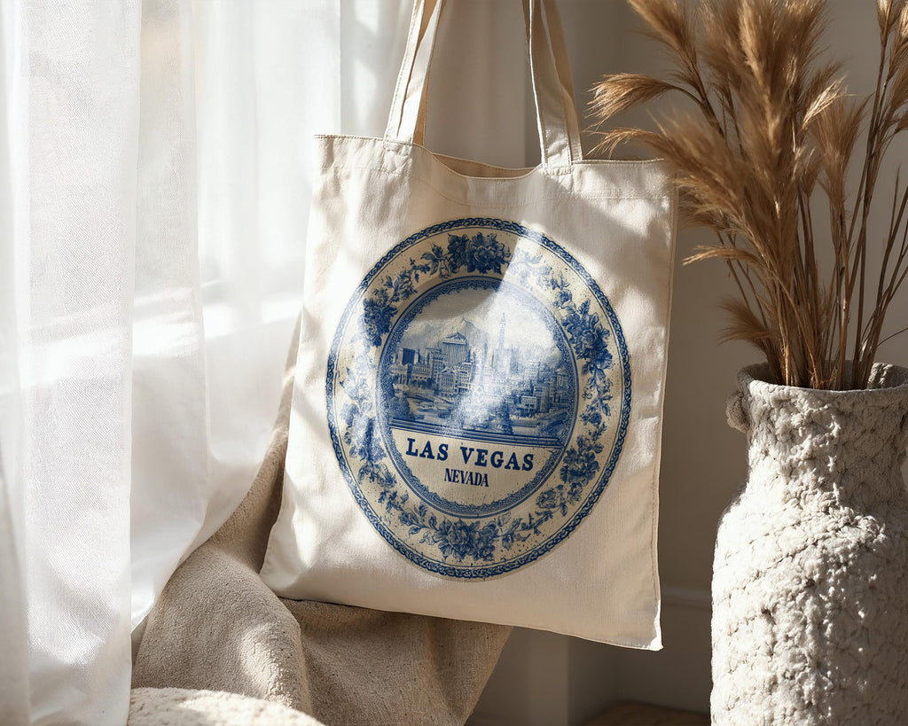 Las Vegas Nevada Tote Bag, Delft Style Personalized Destination, City Wedding Gift Souvenir Cotton