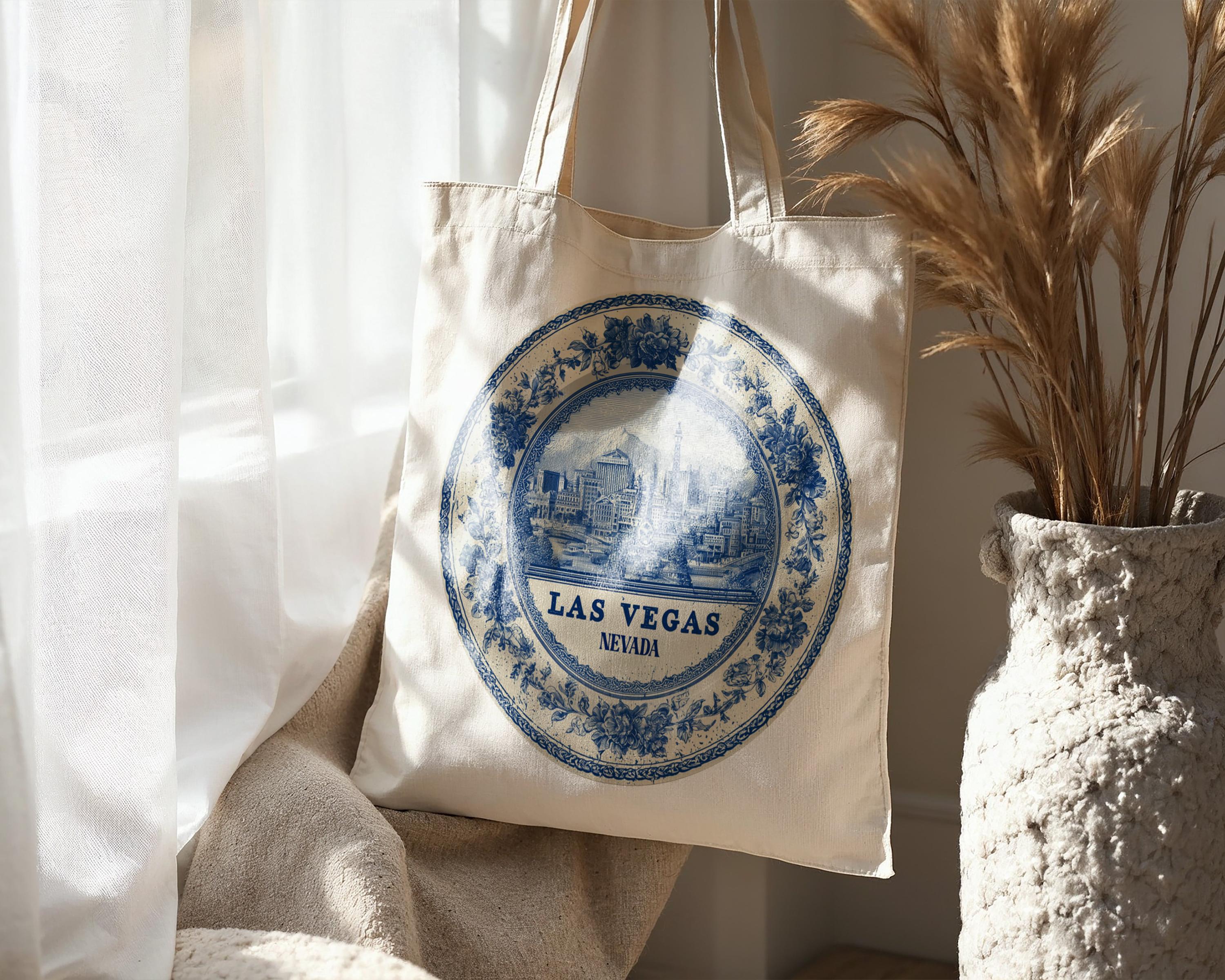 Las Vegas Nevada Tote Bag, Delft Style Personalized Destination, City Wedding Gift Souvenir Cotton