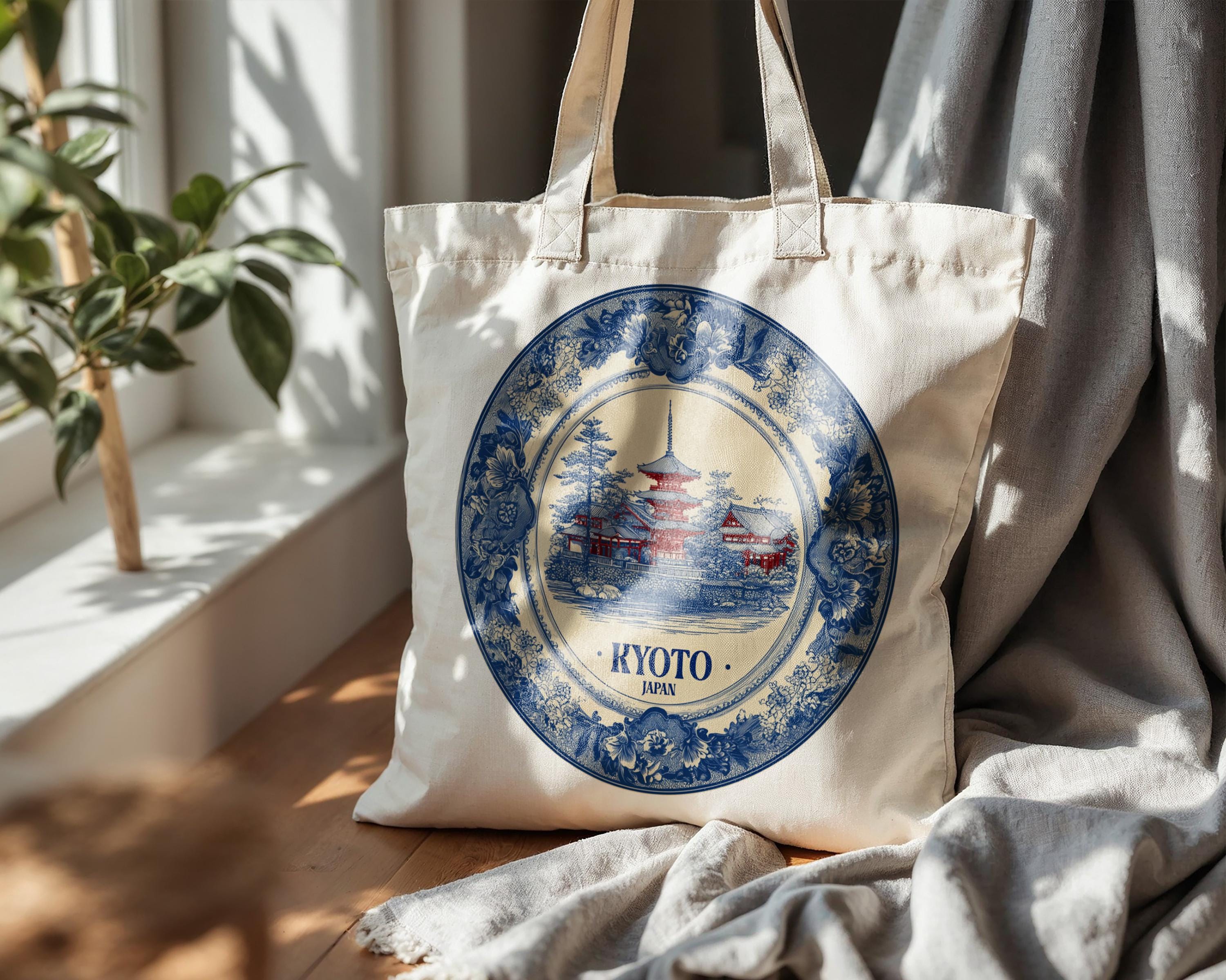 Kyoto Japan Tote Bag, Delft Style Personalized Destination, City Wedding Gift Souvenir Cotton