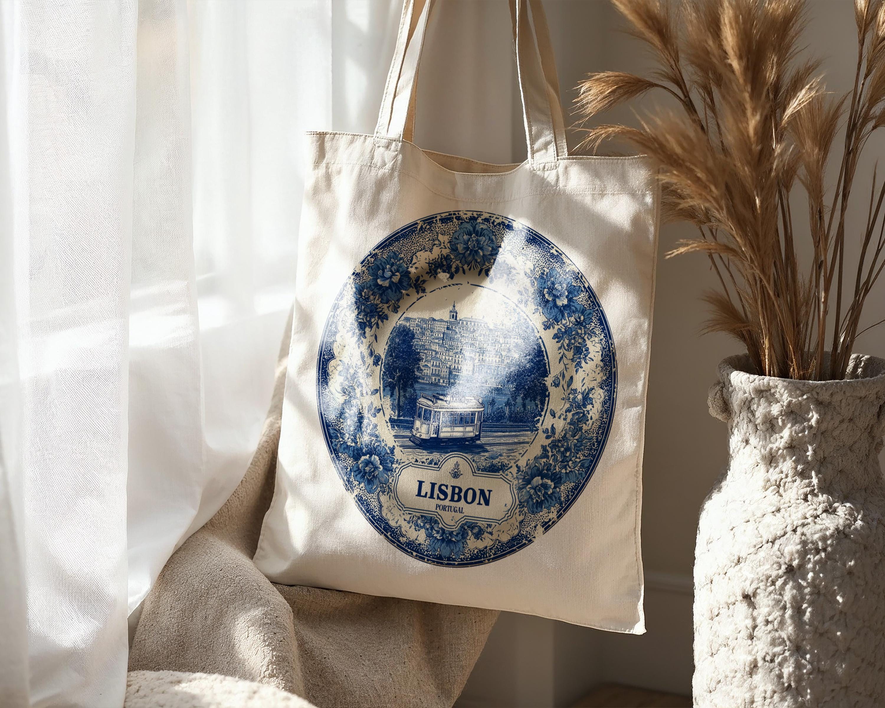 Lisbon Portugal Tote Bag, Delft Style Personalized Destination, City Wedding Gift Souvenir Cotton