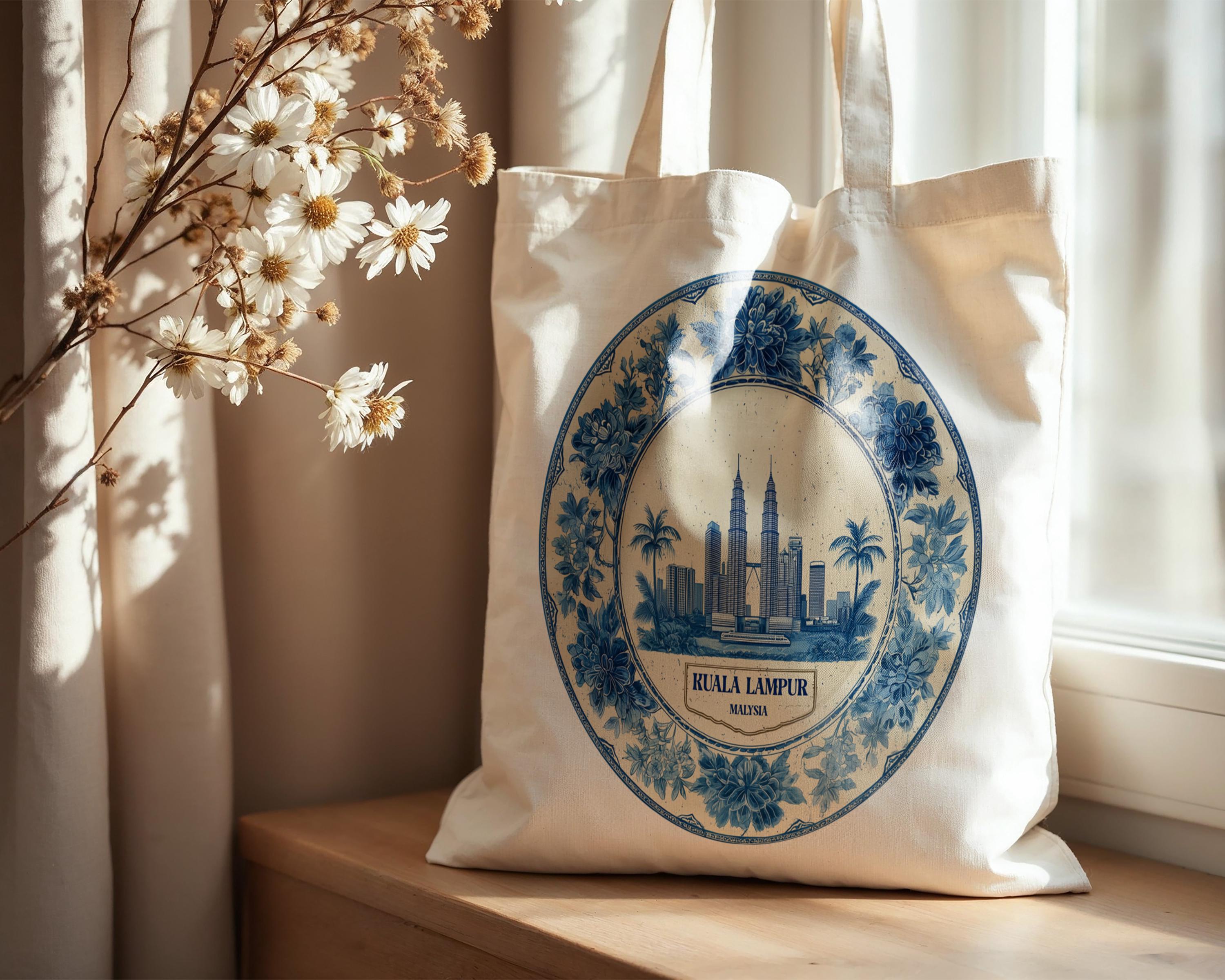 Kuala Lumpur Malaysia Tote Bag, Delft Style Personalized Destination, City Wedding Gift Souvenir Cotton