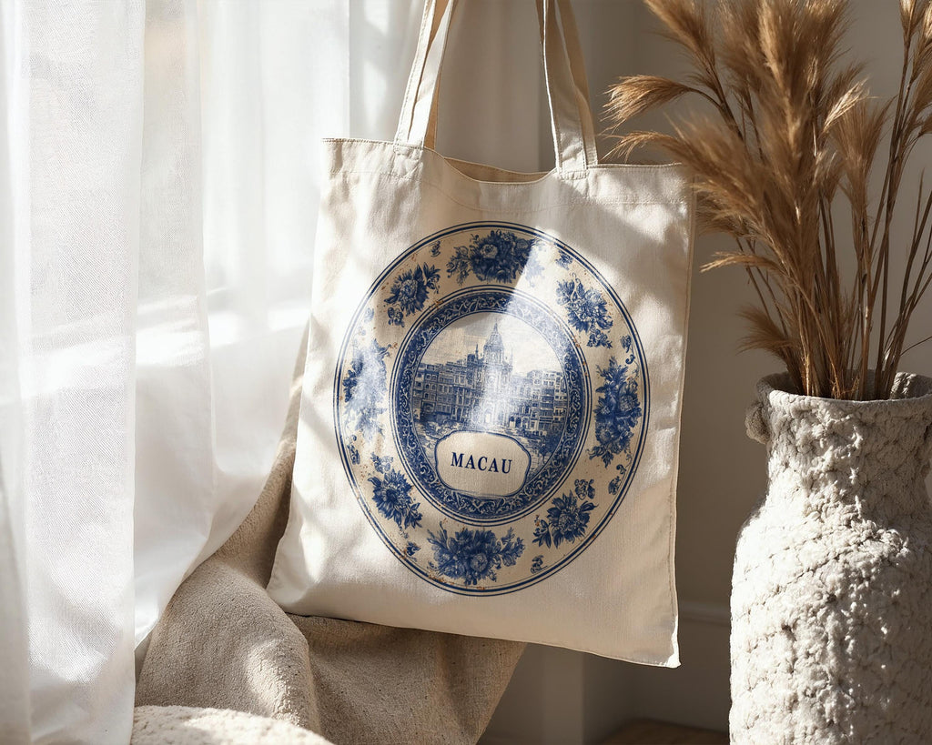 Macau China Tote Bag, Delft Style Personalized Destination, City Wedding Gift Souvenir Cotton
