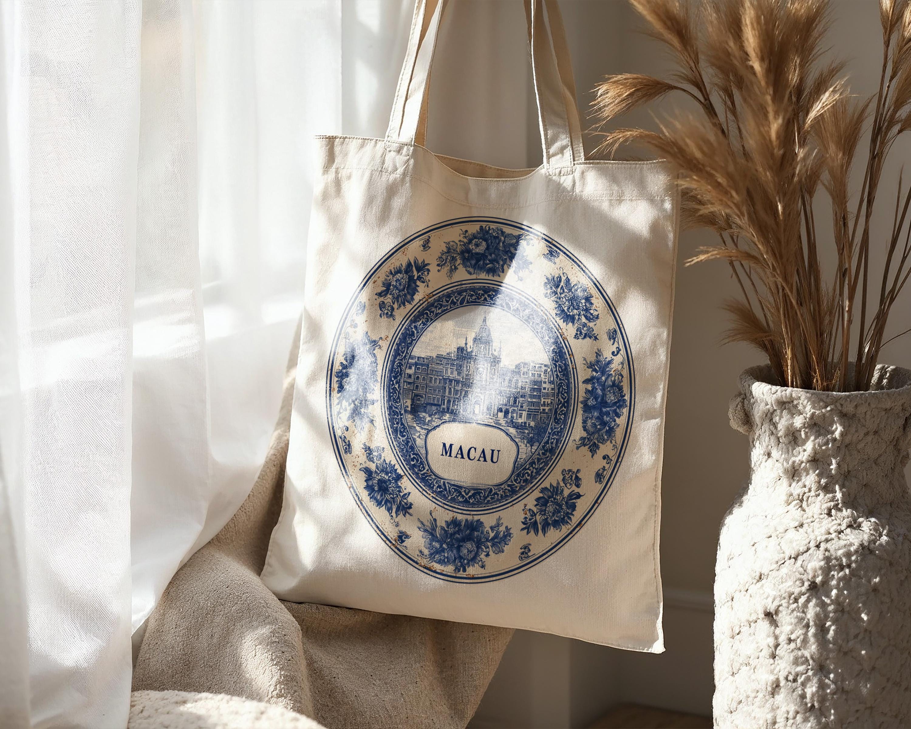 Macau China Tote Bag, Delft Style Personalized Destination, City Wedding Gift Souvenir Cotton