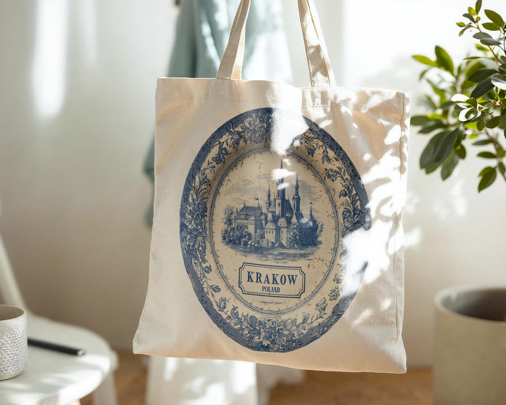 Krakow Poland Tote Bag, Delft Style Personalized Destination, City Wedding Gift Souvenir Cotton