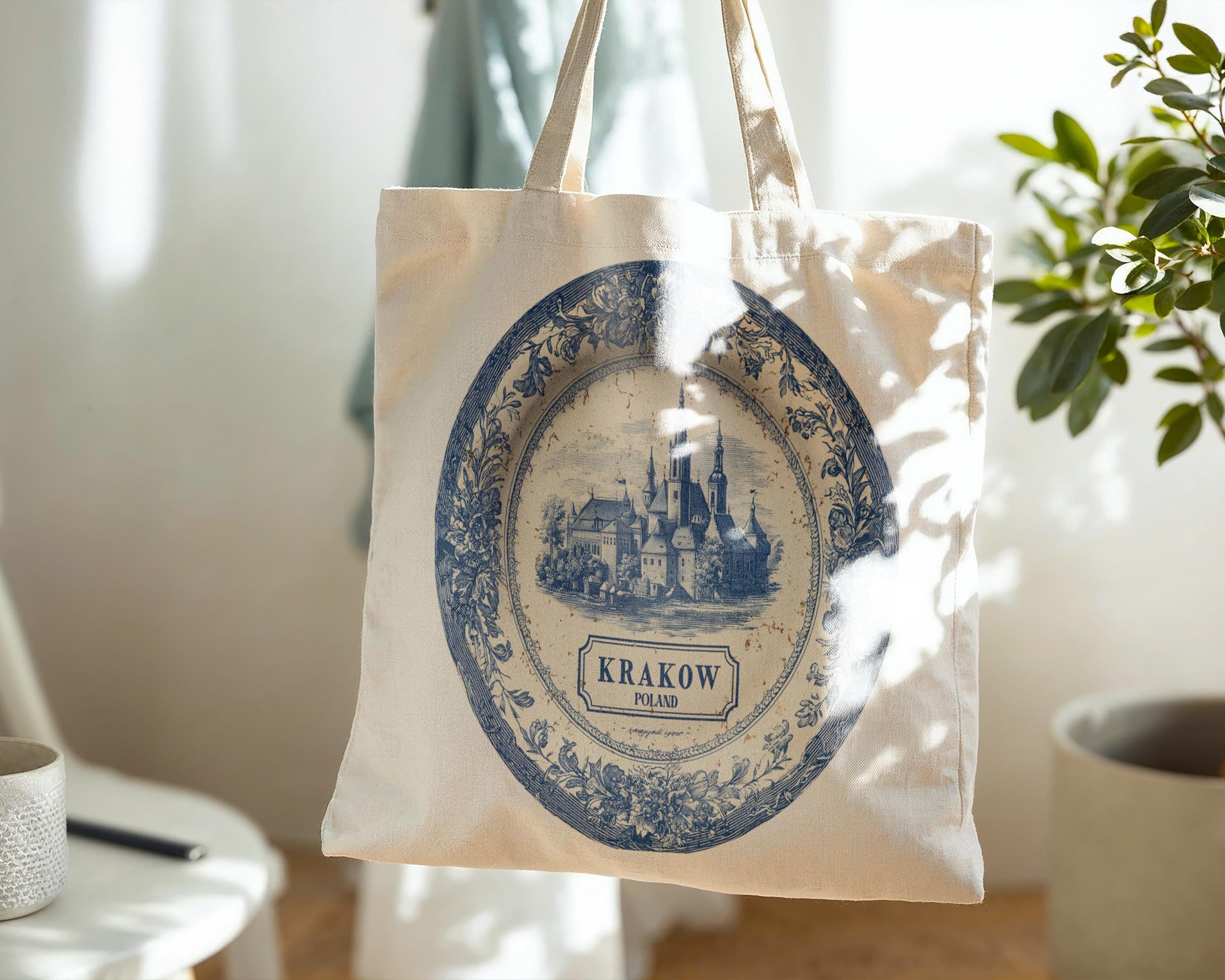Krakow Poland Tote Bag, Delft Style Personalized Destination, City Wedding Gift Souvenir Cotton