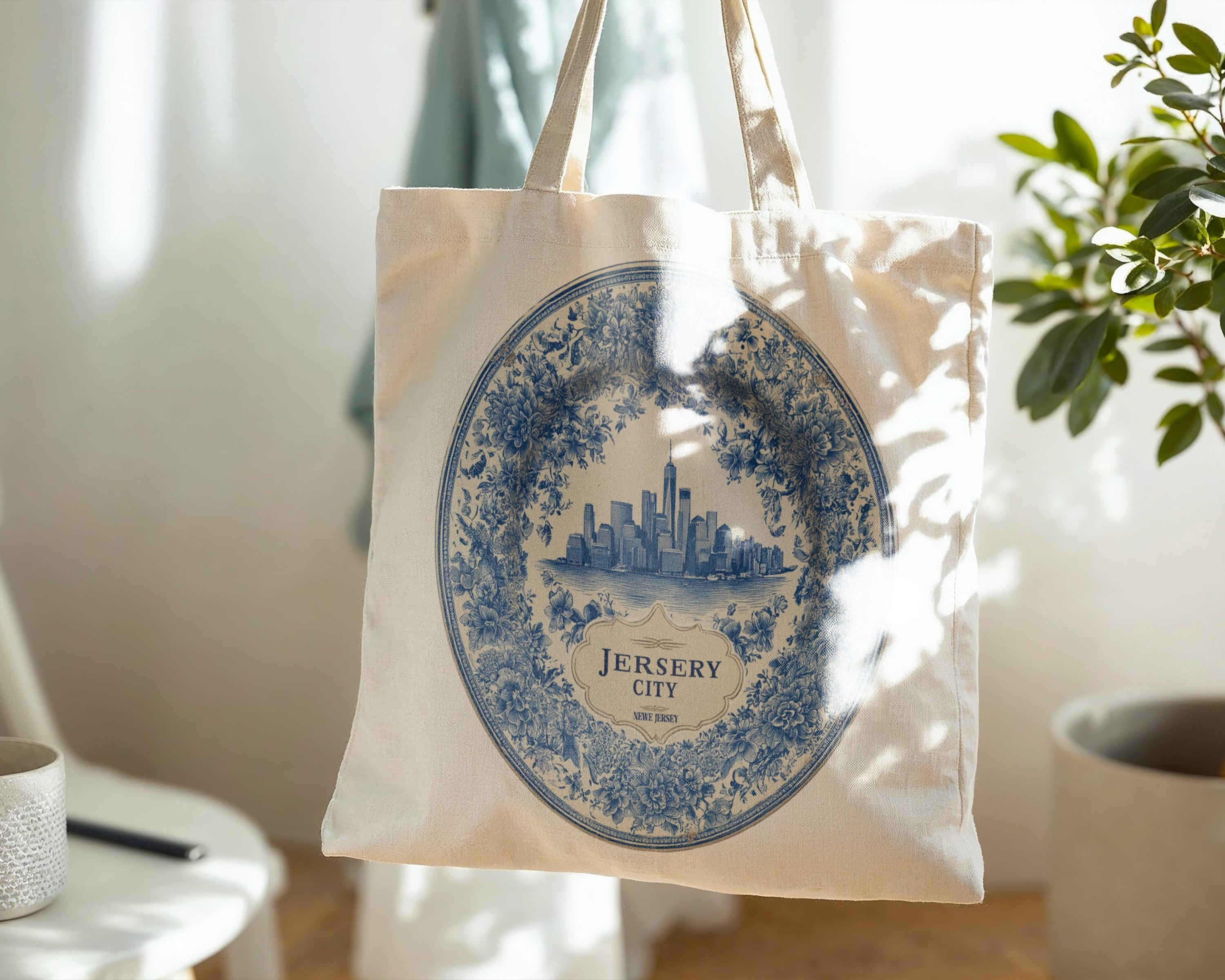 Jersey City New Jersey Tote Bag, Delft Style Personalized Destination, City Wedding Gift Souvenir Cotton