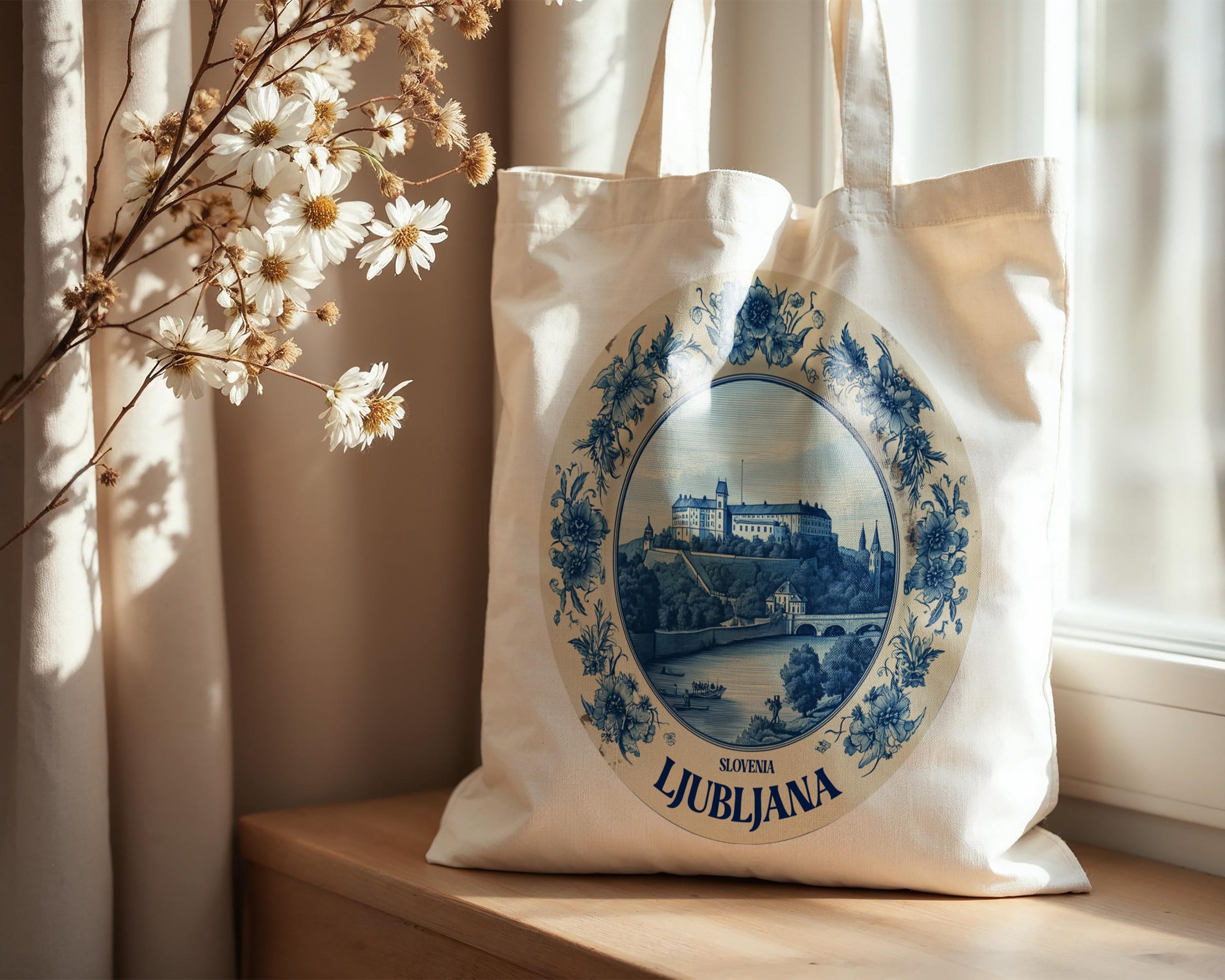 Ljubljana Slovenia Tote Bag, Delft Style Personalized Destination, City Wedding Gift Souvenir Cotton