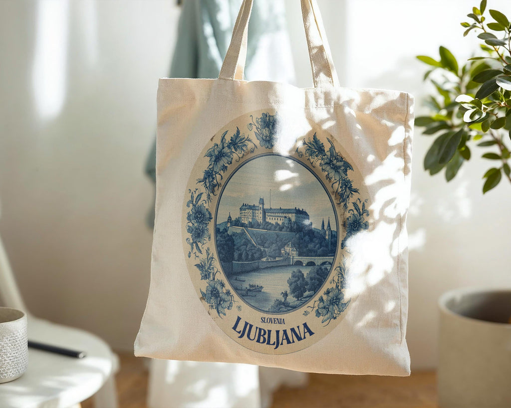 Ljubljana Slovenia Tote Bag, Delft Style Personalized Destination, City Wedding Gift Souvenir Cotton