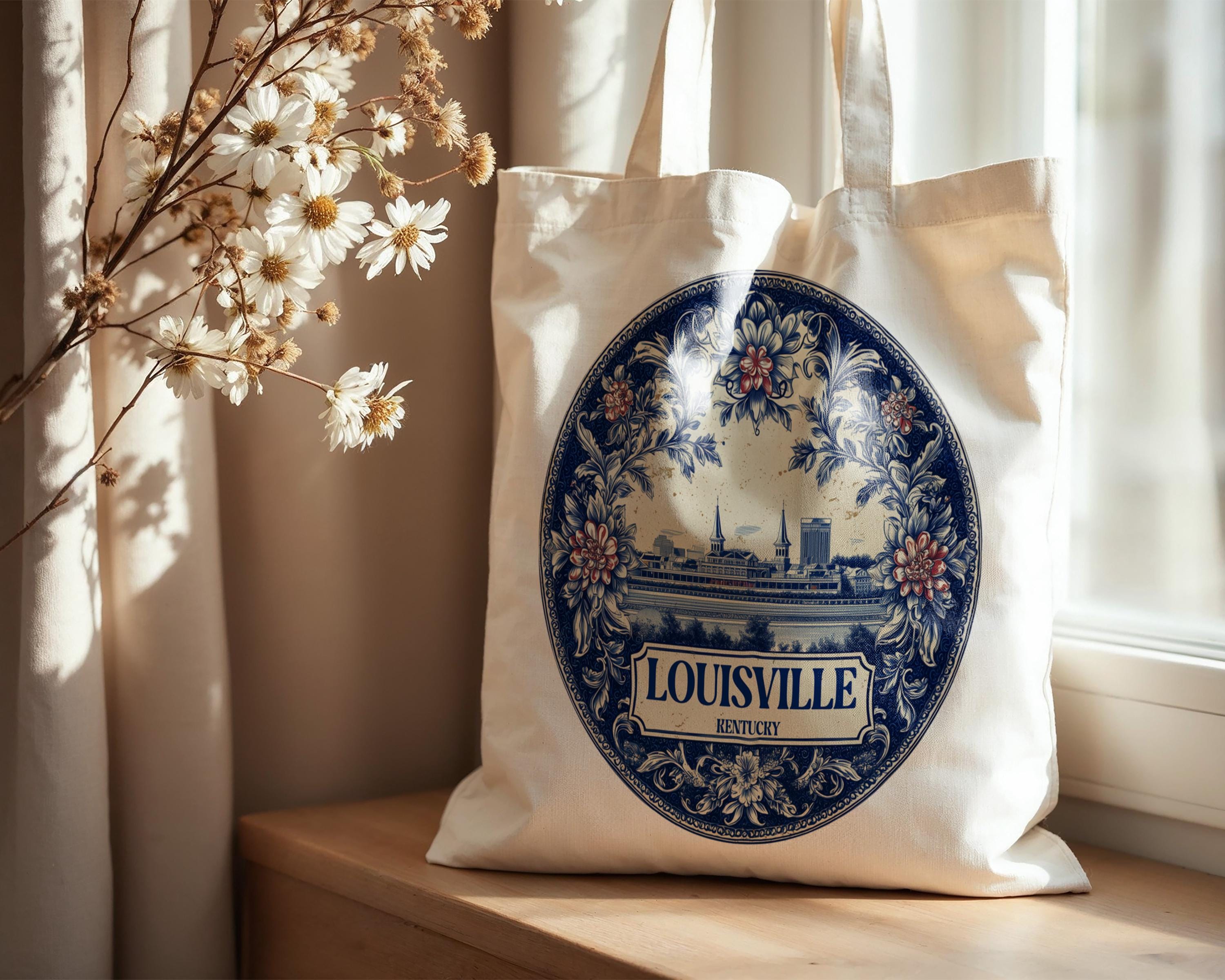 Louisville Kentucky Tote Bag, Delft Style Personalized Destination, City Wedding Gift Souvenir Cotton