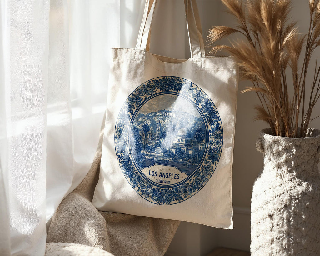 Los Angeles California Tote Bag, Delft Style Personalized Destination, City Wedding Gift Souvenir Cotton
