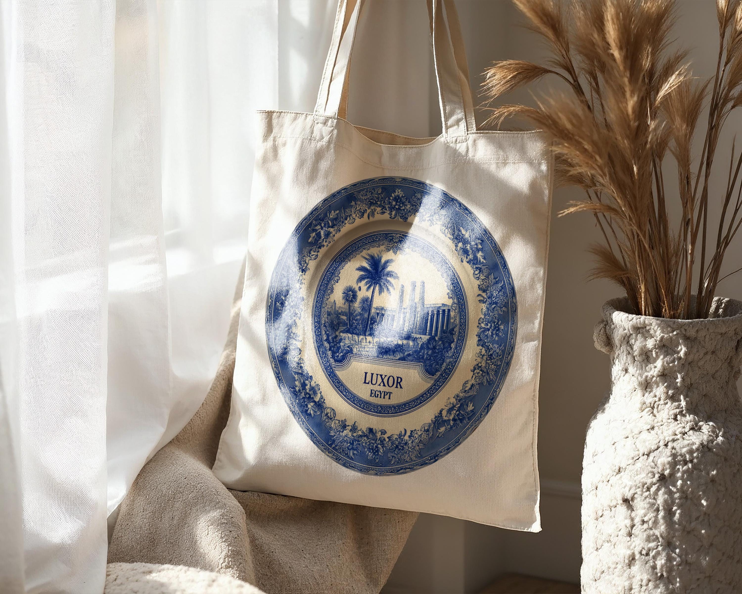 Luxor Egypt Tote Bag, Delft Style Personalized Destination, City Wedding Gift Souvenir Cotton