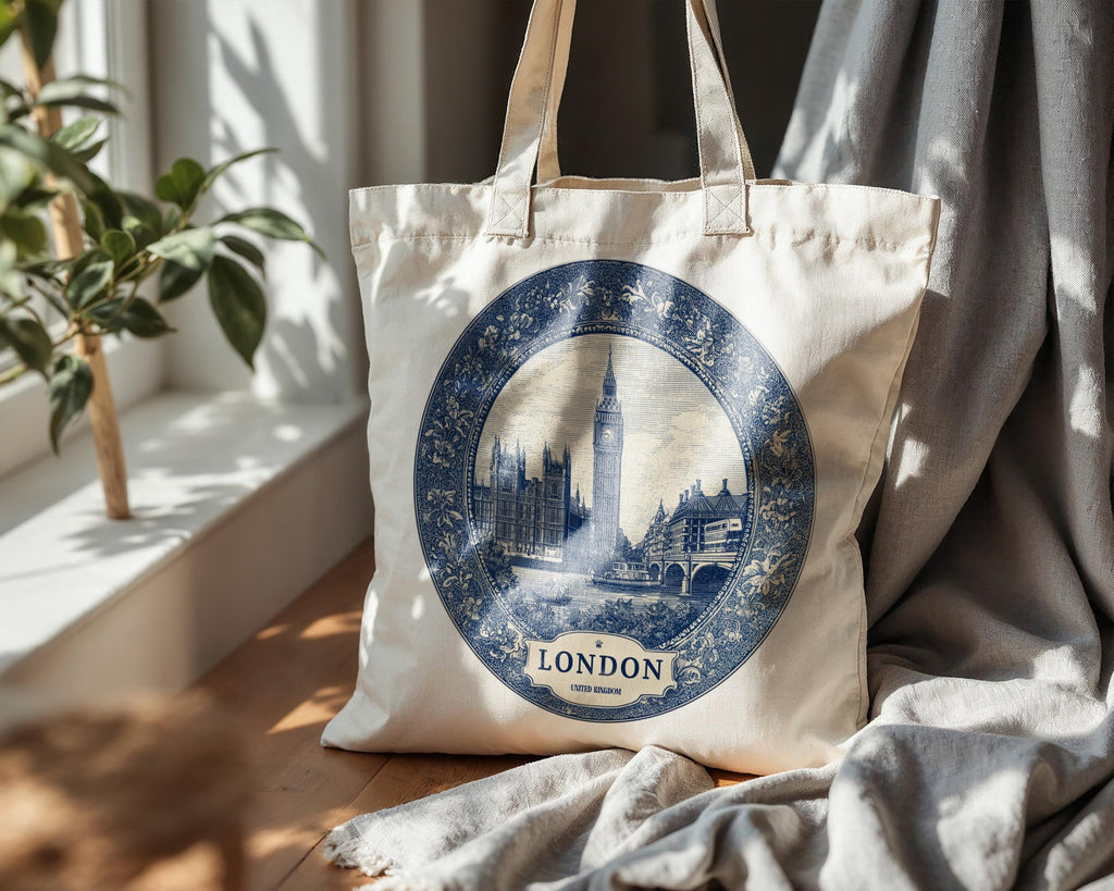 London UK Tote Bag, Delft Style Personalized Destination, City Wedding Gift Souvenir Cotton