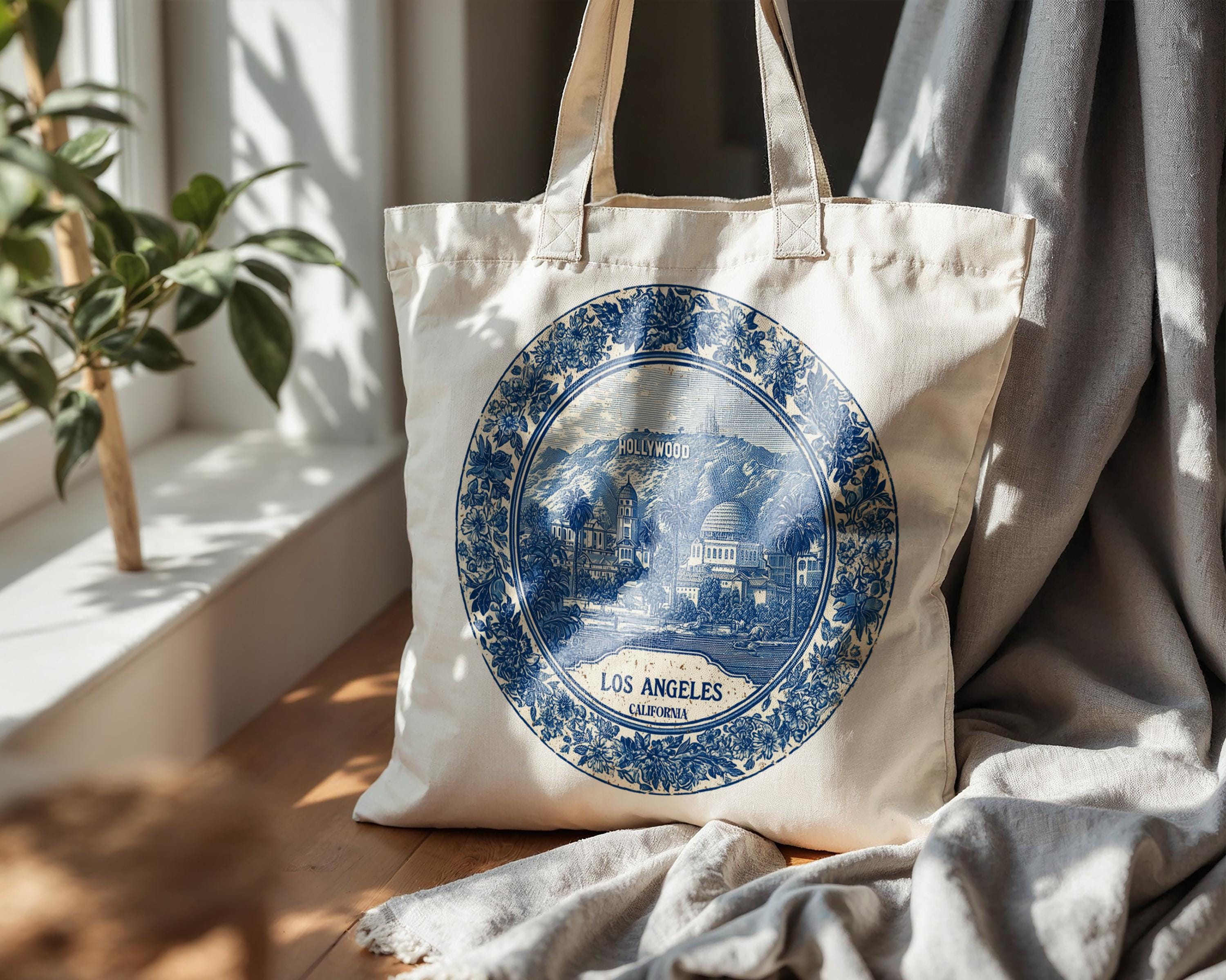 Los Angeles California Tote Bag, Delft Style Personalized Destination, City Wedding Gift Souvenir Cotton