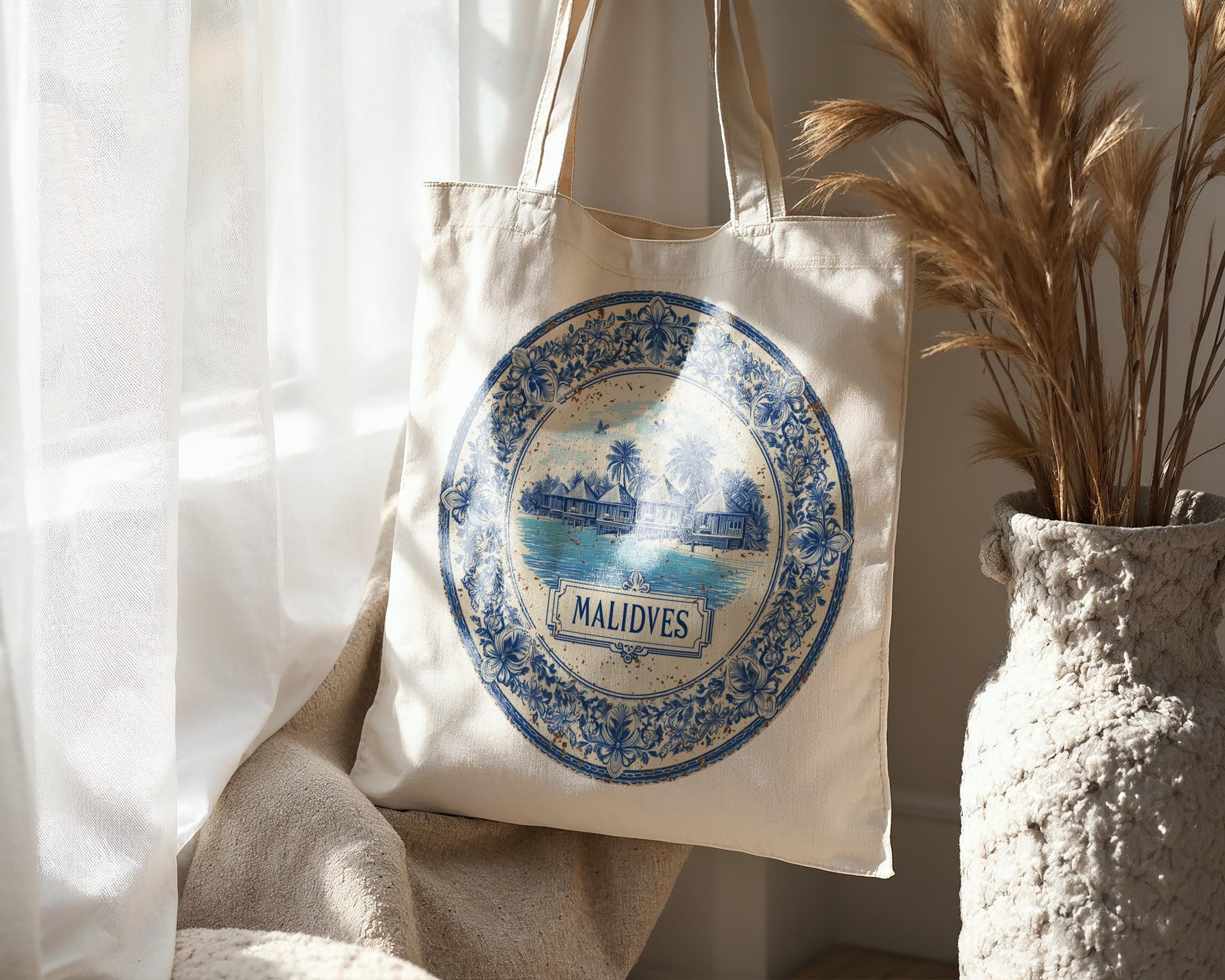 Maldives Tote Bag, Delft Style Personalized Destination, City Wedding Gift Souvenir Cotton