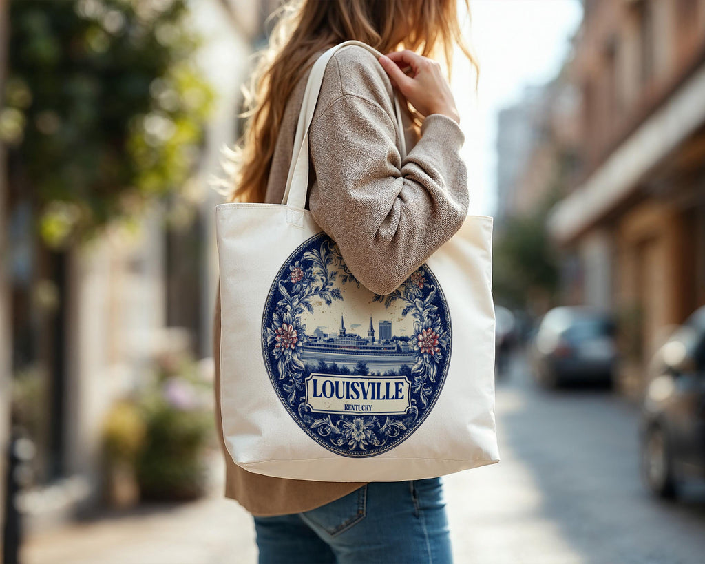 Louisville Kentucky Tote Bag, Delft Style Personalized Destination, City Wedding Gift Souvenir Cotton