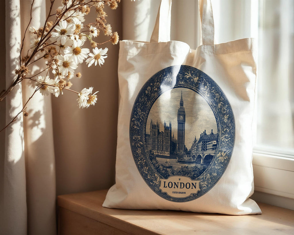 London UK Tote Bag, Delft Style Personalized Destination, City Wedding Gift Souvenir Cotton