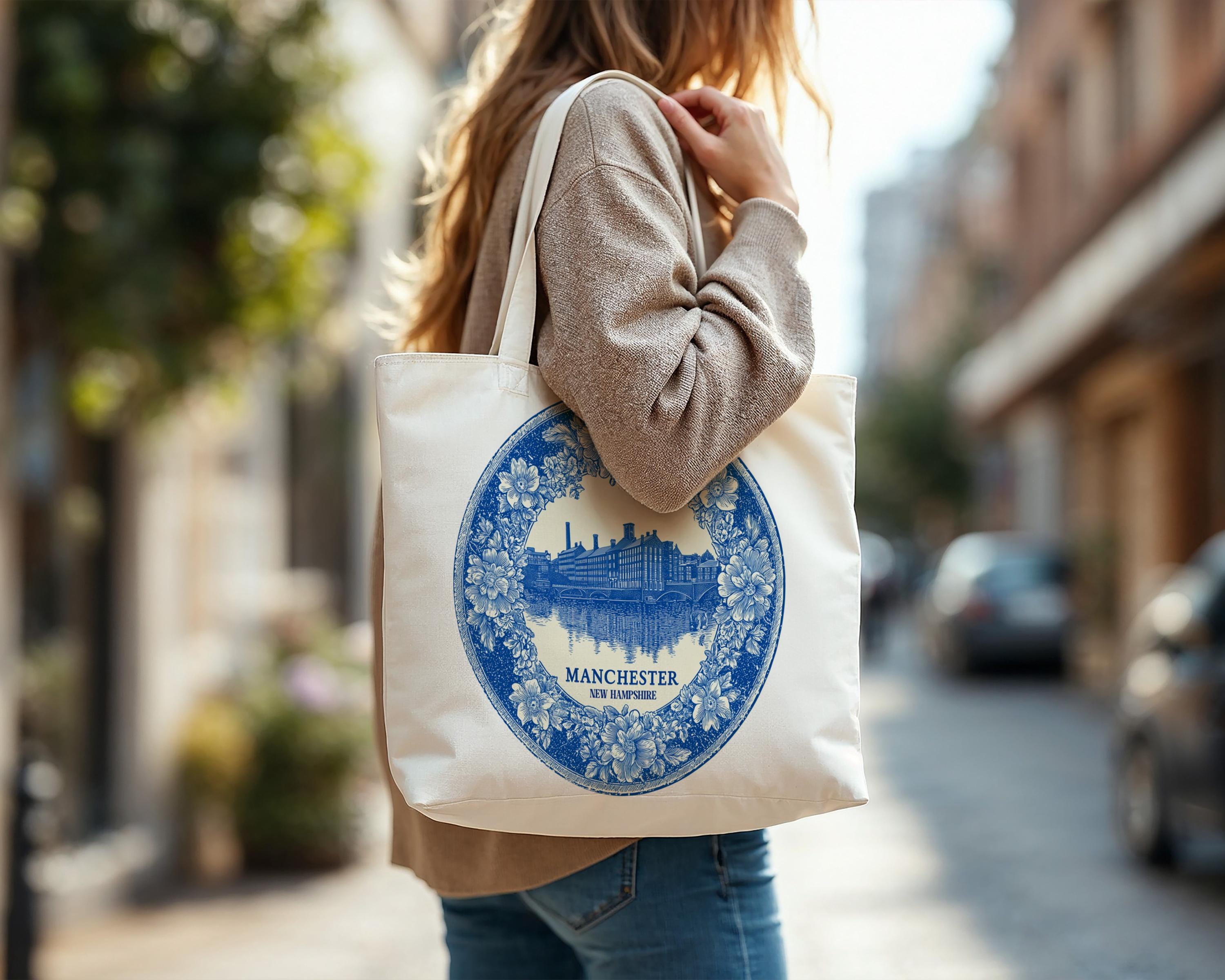 Manchester New Hampshire Tote Bag, Delft Style Personalized Destination, City Wedding Gift Souvenir Cotton
