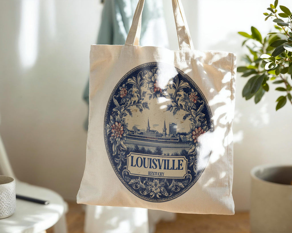 Louisville Kentucky Tote Bag, Delft Style Personalized Destination, City Wedding Gift Souvenir Cotton