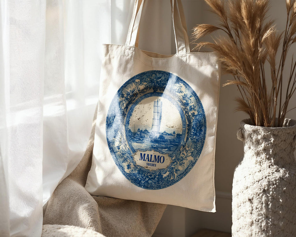 Malmo Sweden Tote Bag, Delft Style Personalized Destination, City Wedding Gift Souvenir Cotton