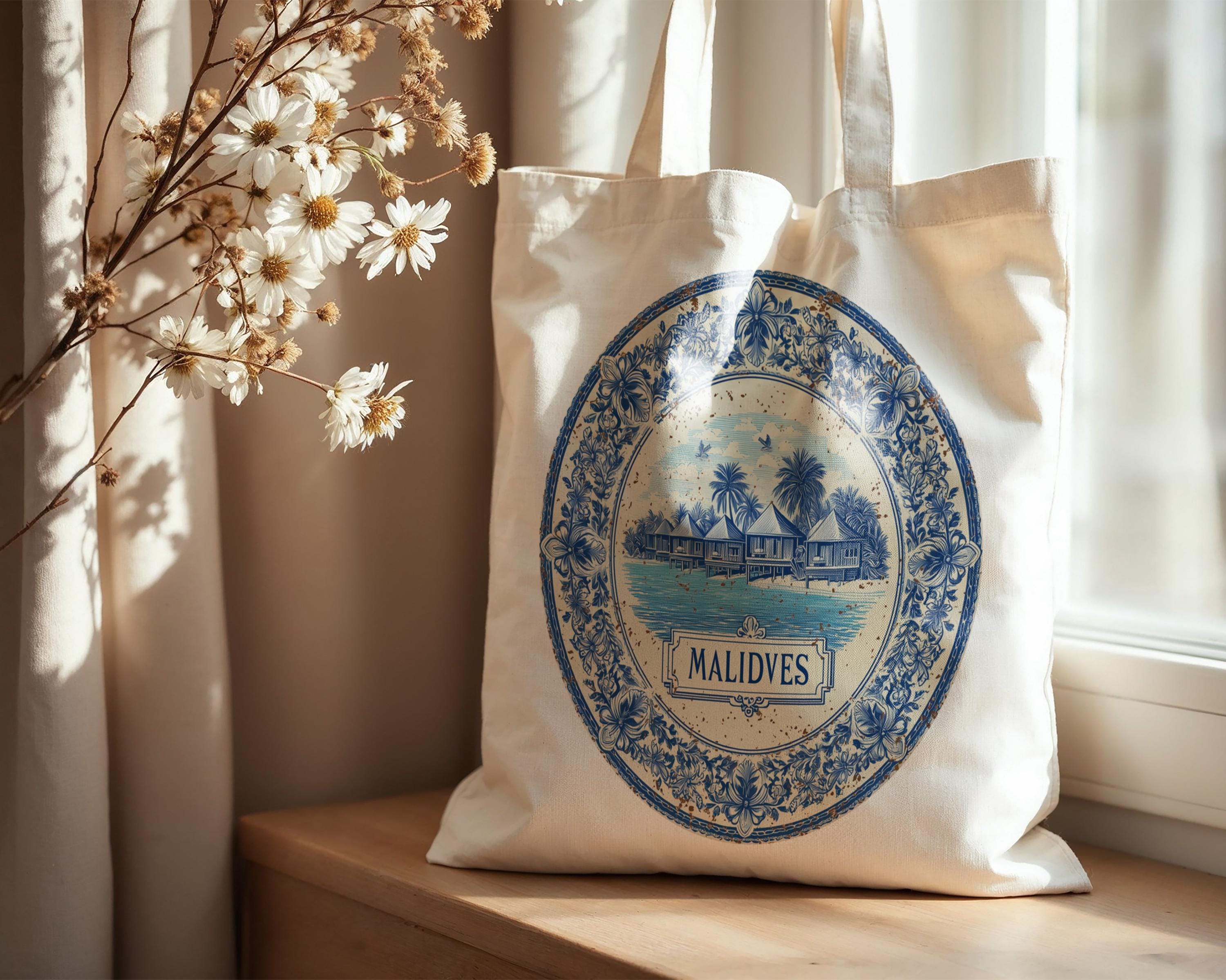 Maldives Tote Bag, Delft Style Personalized Destination, City Wedding Gift Souvenir Cotton