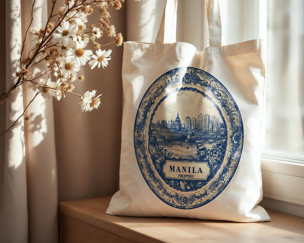 Manila Philippines Tote Bag, Delft Style Personalized Destination, City Wedding Gift Souvenir Cotton