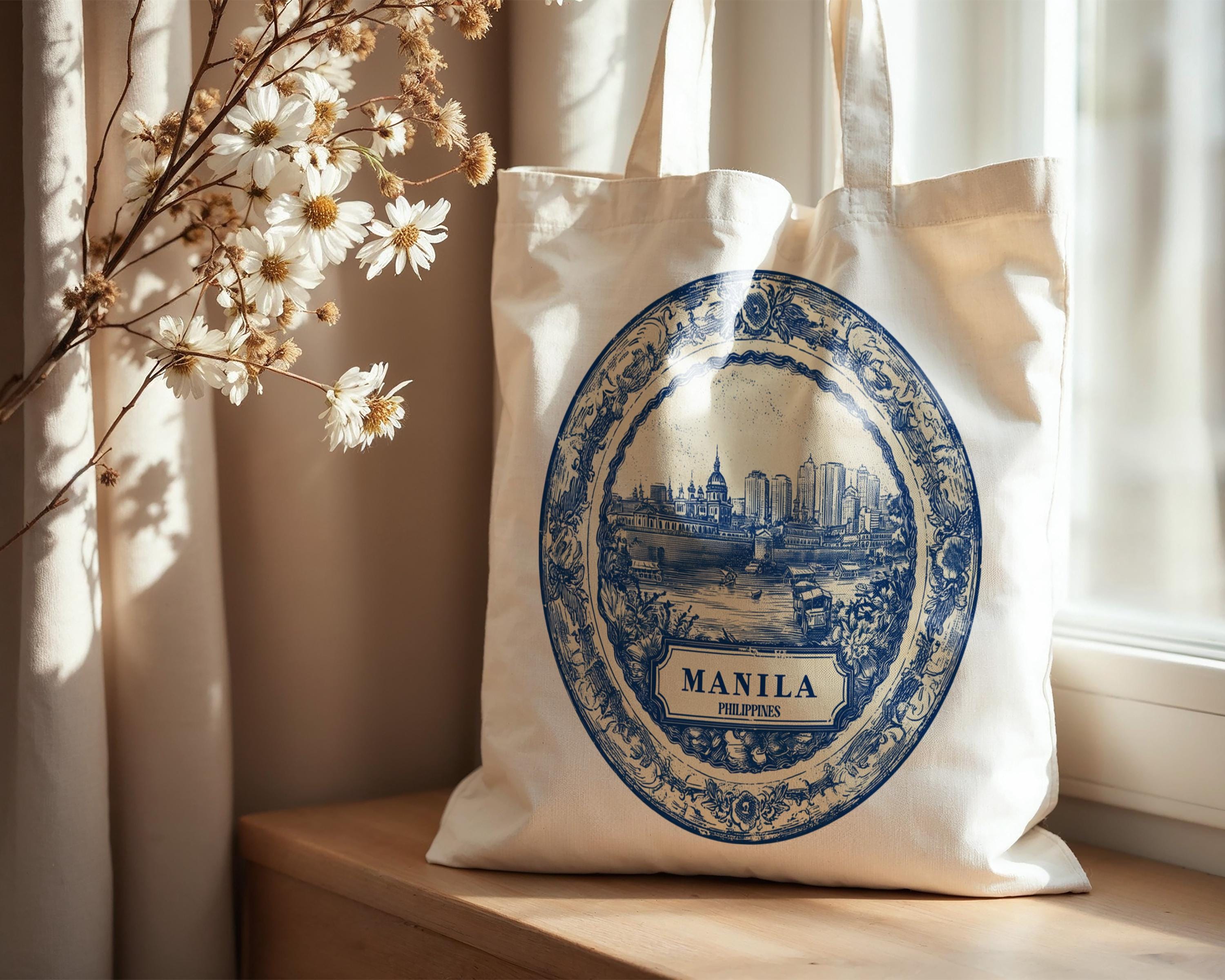 Manila Philippines Tote Bag, Delft Style Personalized Destination, City Wedding Gift Souvenir Cotton