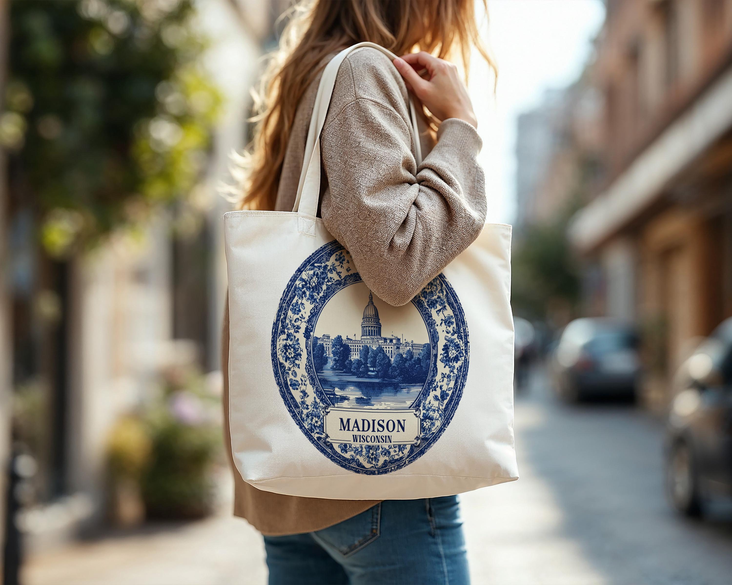 Madison Wisconsin Tote Bag, Delft Style Personalized Destination, City Wedding Gift Souvenir Cotton