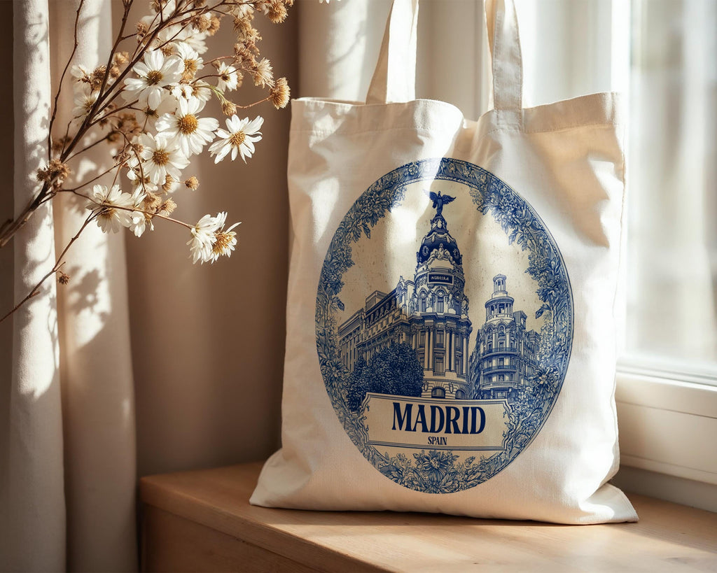 Madrid Spain Tote Bag, Delft Style Personalized Destination, City Wedding Gift Souvenir Cotton
