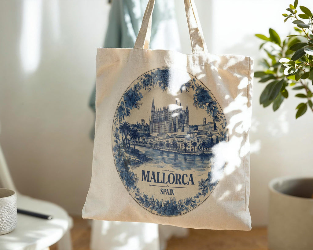 Mallorca Spain Tote Bag, Delft Style Personalized Destination, City Wedding Gift Souvenir Cotton