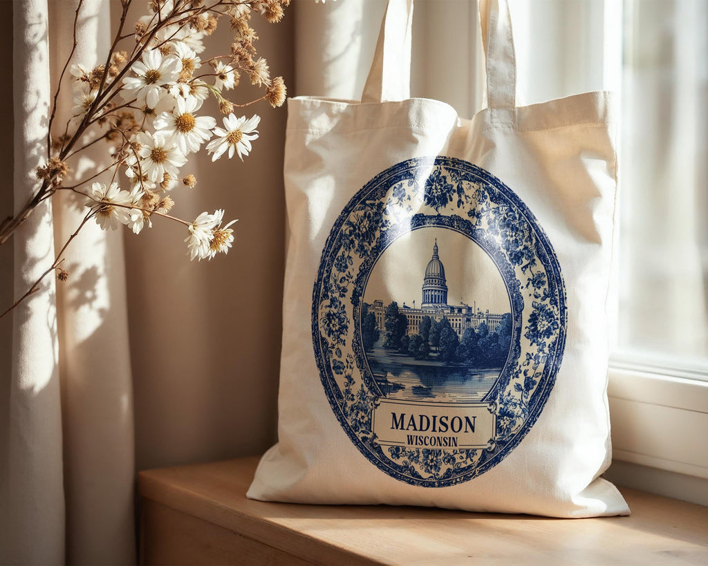 Madison Wisconsin Tote Bag, Delft Style Personalized Destination, City Wedding Gift Souvenir Cotton