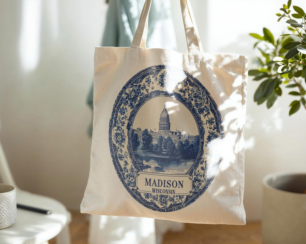 Madison Wisconsin Tote Bag, Delft Style Personalized Destination, City Wedding Gift Souvenir Cotton