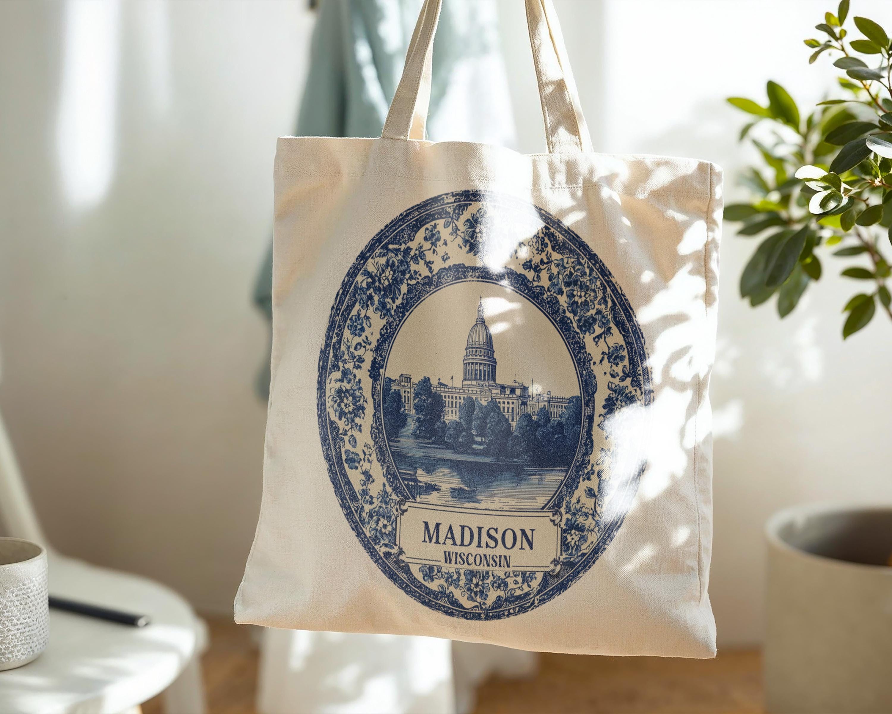 Madison Wisconsin Tote Bag, Delft Style Personalized Destination, City Wedding Gift Souvenir Cotton