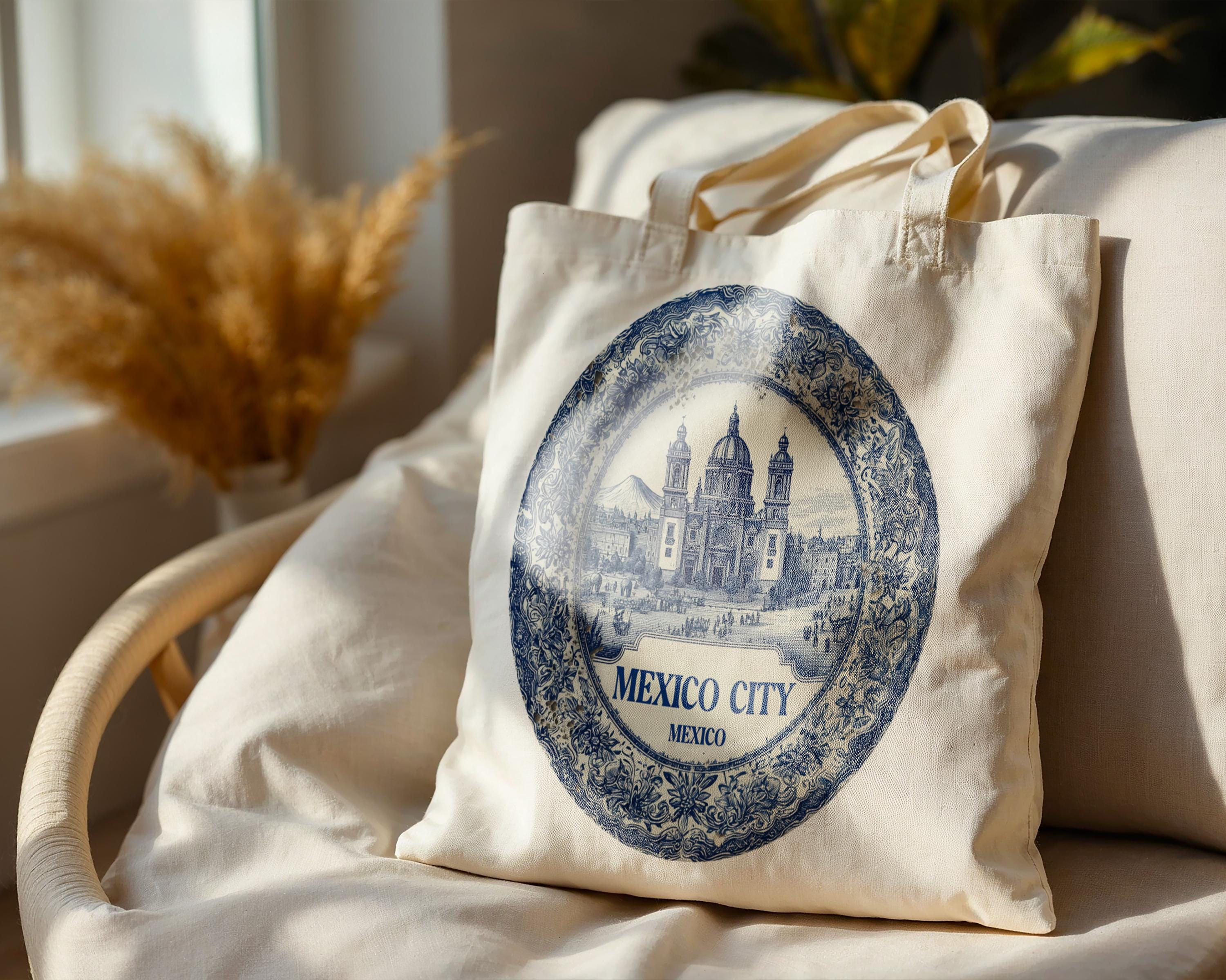 Mexico City Mexico Tote Bag, Delft Style Personalized Destination, City Wedding Gift Souvenir Cotton
