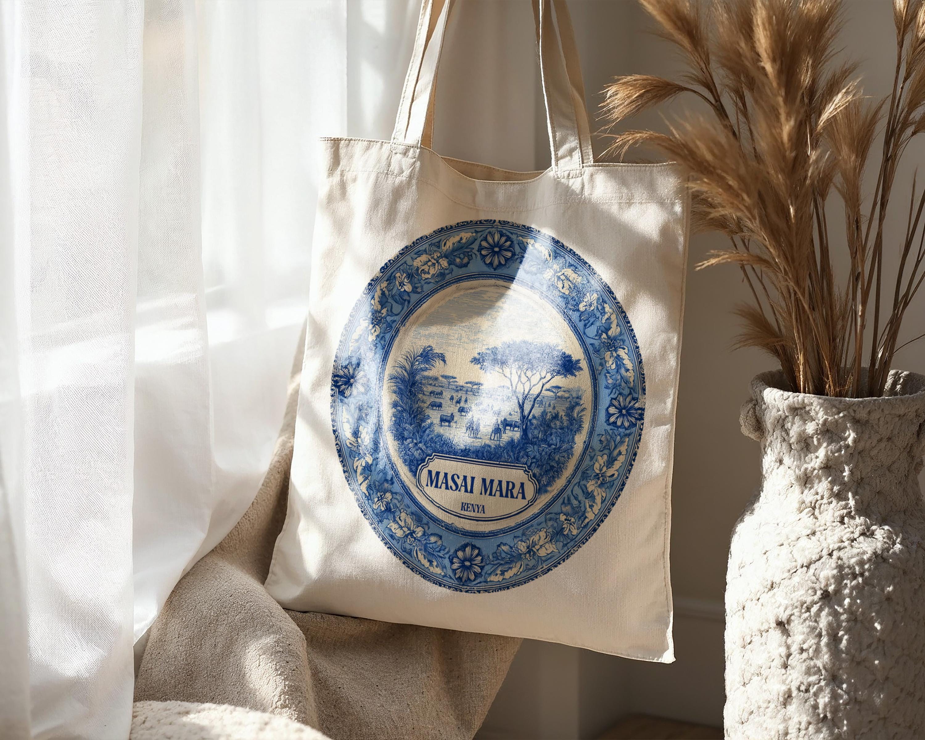 Masai Mara Kenya Tote Bag, Delft Style Personalized Destination, City Wedding Gift Souvenir Cotton