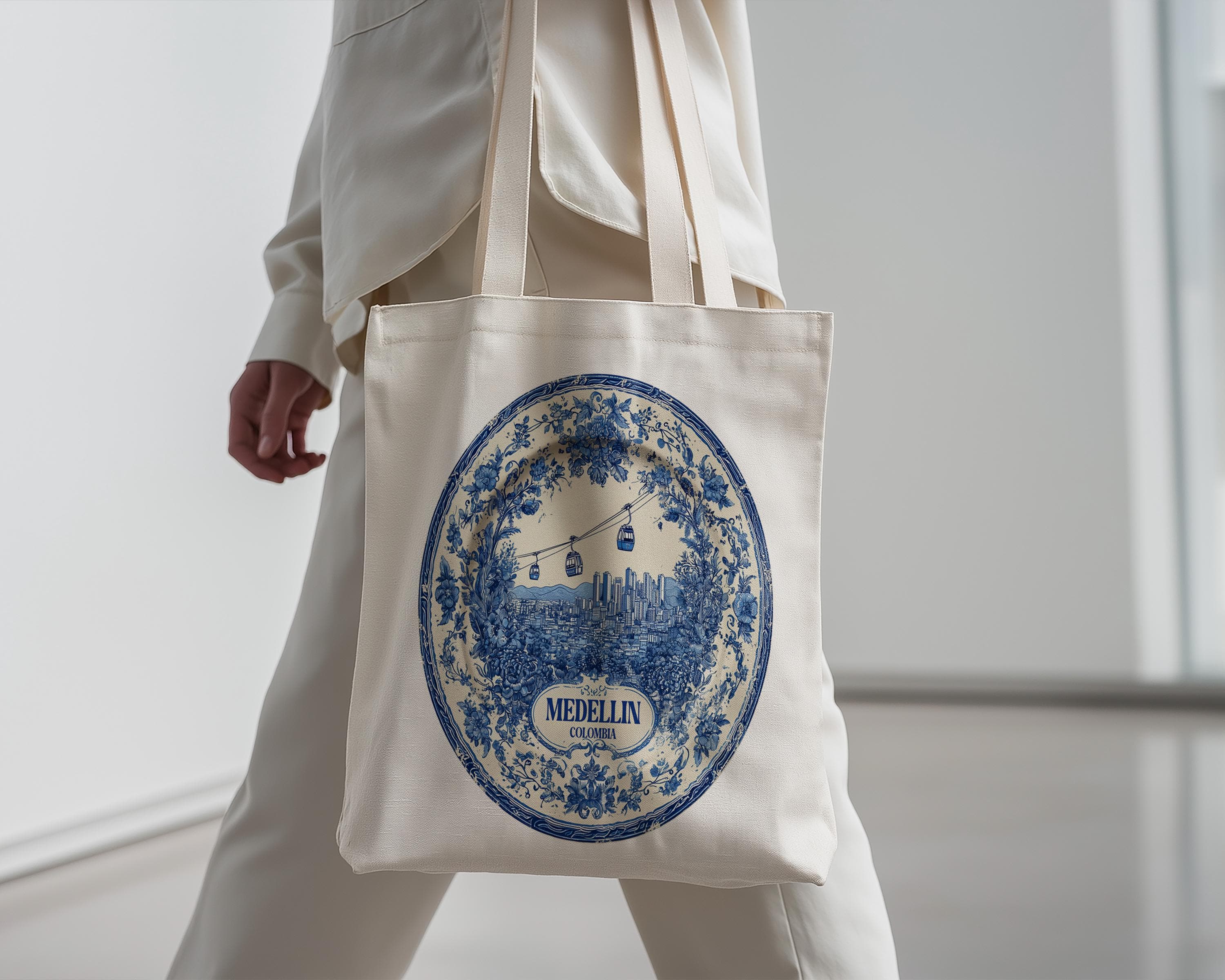Medellin Colombia Tote Bag, Delft Style Personalized Destination, City Wedding Gift Souvenir Cotton