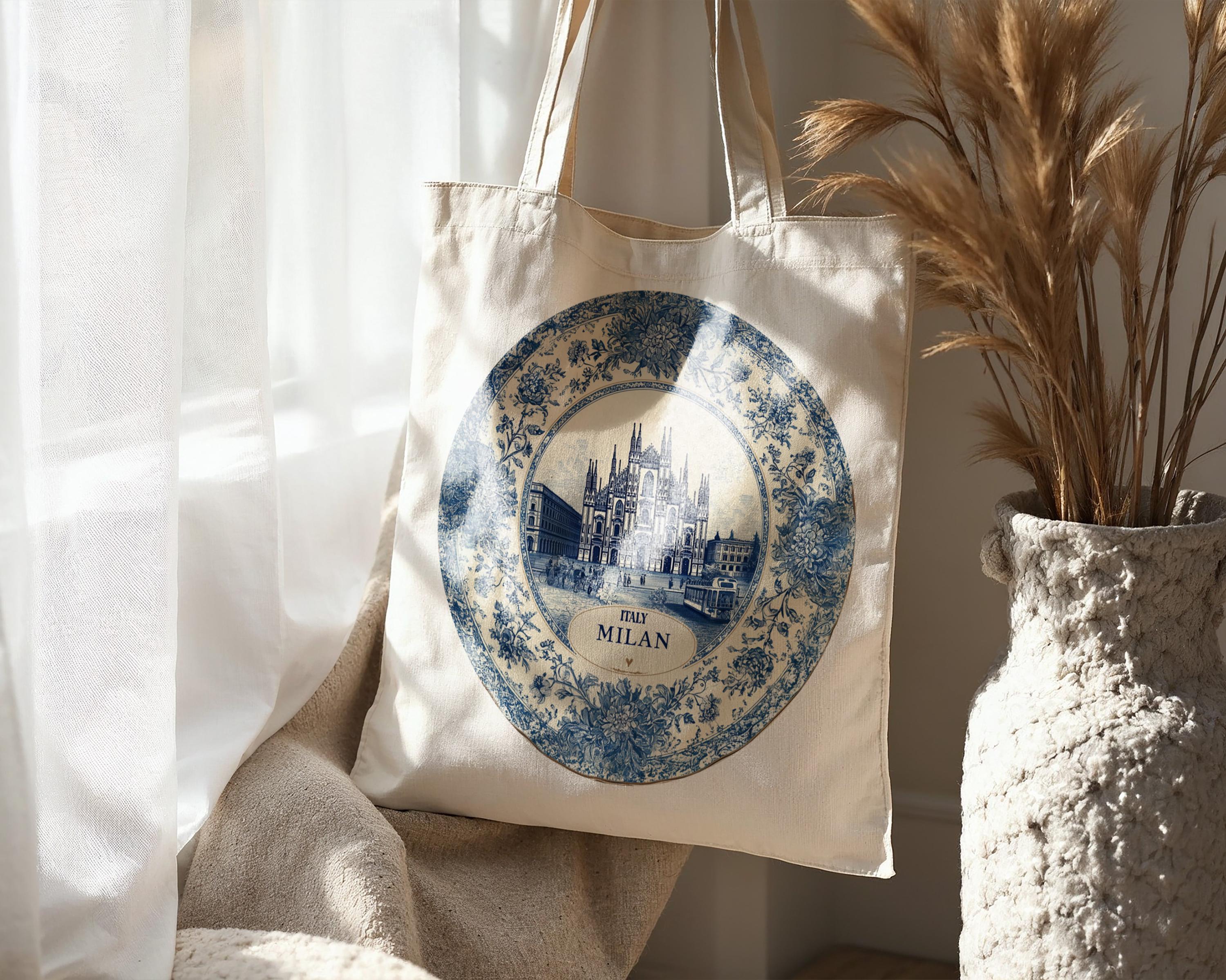 Milan Italy Tote Bag, Delft Style Personalized Destination, City Wedding Gift Souvenir Cotton