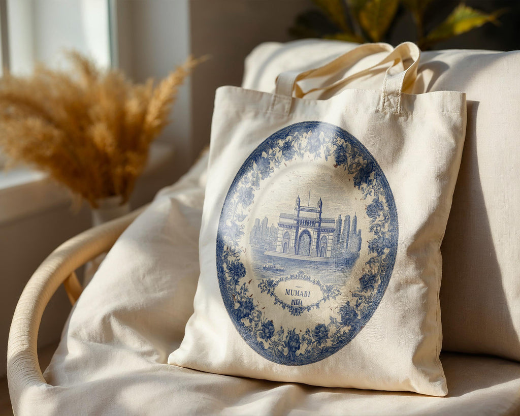 Mumbai India Tote Bag, Delft Style Personalized Destination, City Wedding Gift Souvenir Cotton