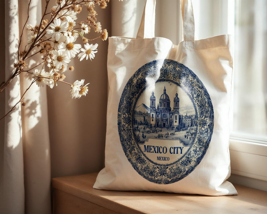 Mexico City Mexico Tote Bag, Delft Style Personalized Destination, City Wedding Gift Souvenir Cotton